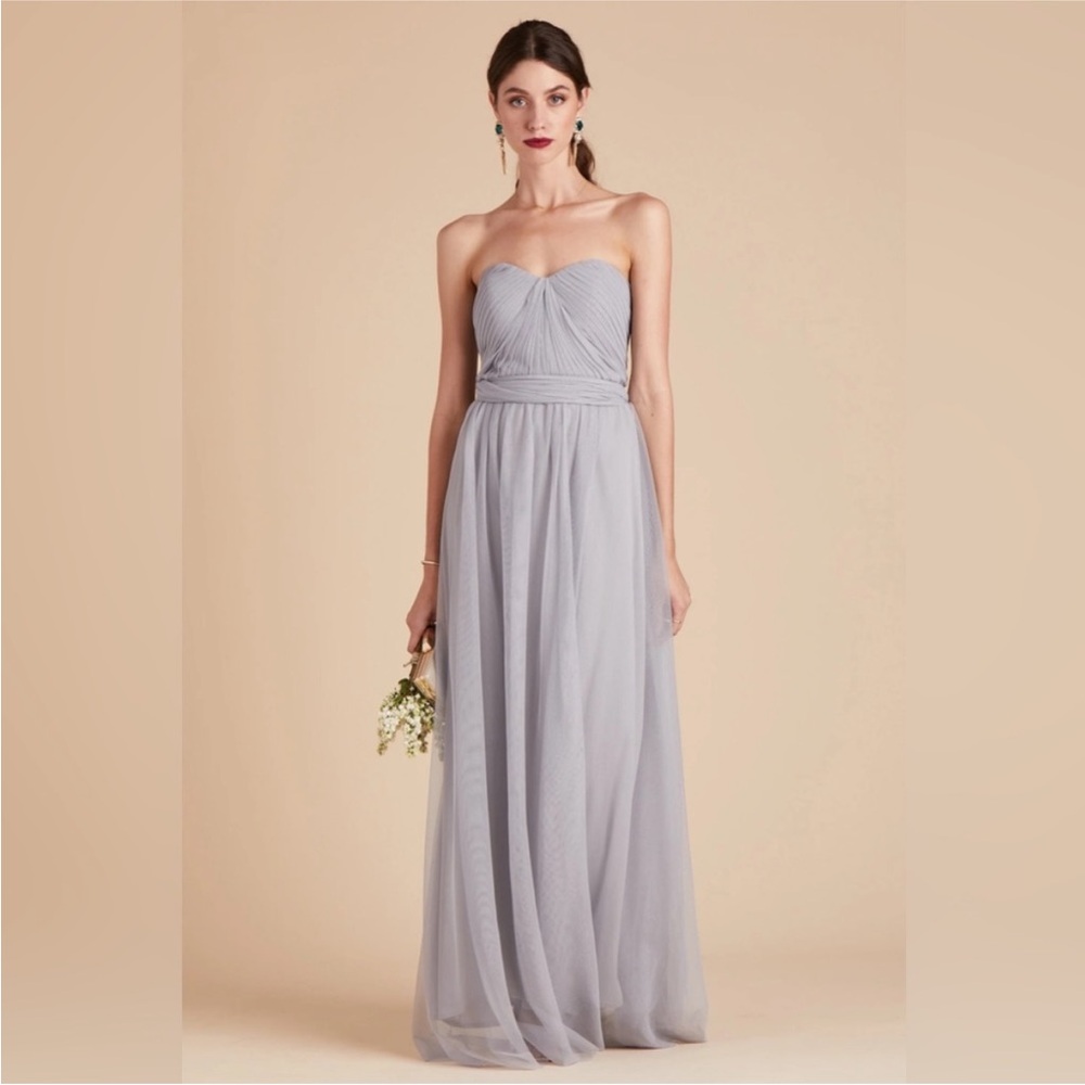 NWT Birdy Grey Christina Convertible Formal Dress L Tulle Silver Long Maxi Gown